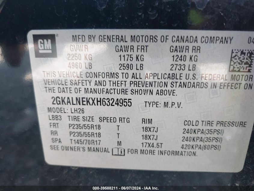 2017 GMC Terrain Sle-2 VIN: 2GKALNEKXH6324955 Lot: 39588211