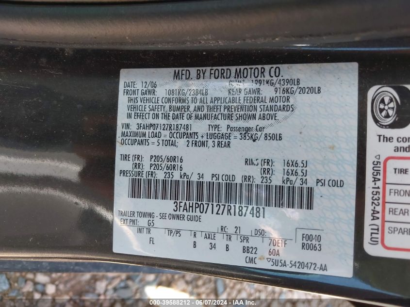 2007 Ford Fusion Se VIN: 3FAHP07127R187481 Lot: 39588212