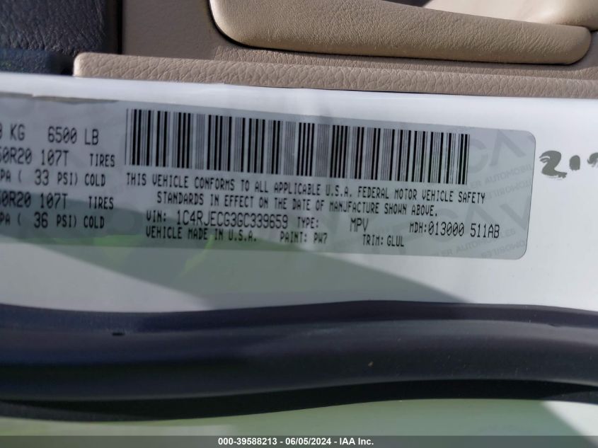 2016 Jeep Grand Cherokee Overland VIN: 1C4RJECG3GC339659 Lot: 39588213