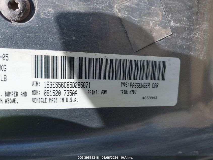 2005 Dodge Neon Sxt VIN: 1B3ES56C85D285871 Lot: 39588216