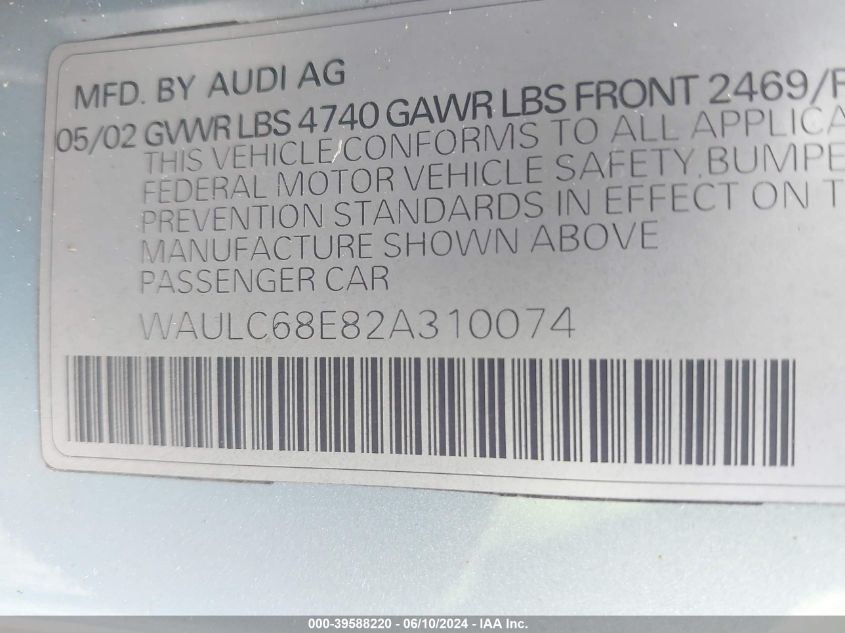 2002 Audi A4 1.8T VIN: WAULC68E82A310074 Lot: 39588220