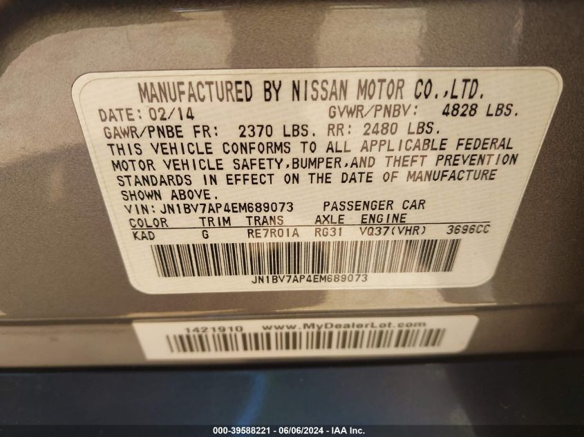 2014 Infiniti Q50 VIN: JN1BV7AP4EM689073 Lot: 39588221