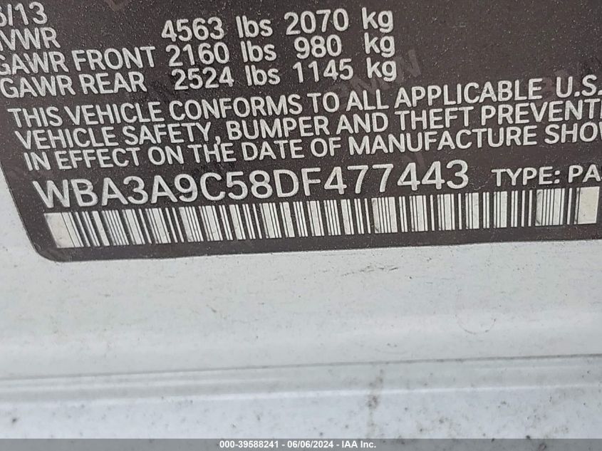 2013 BMW 335I I VIN: WBA3A9C58DF477443 Lot: 39588241