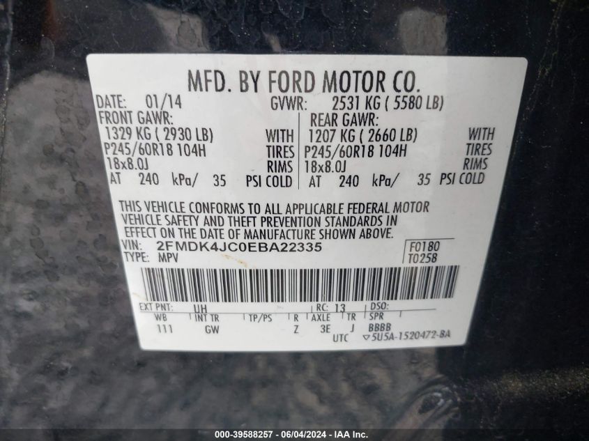 2014 Ford Edge Sel VIN: 2FMDK4JC0EBA22335 Lot: 39588257