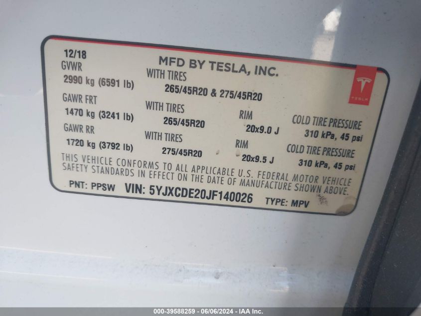 2018 Tesla Model X 100D/75D/P100D VIN: 5YJXCDE20JF140026 Lot: 39588259