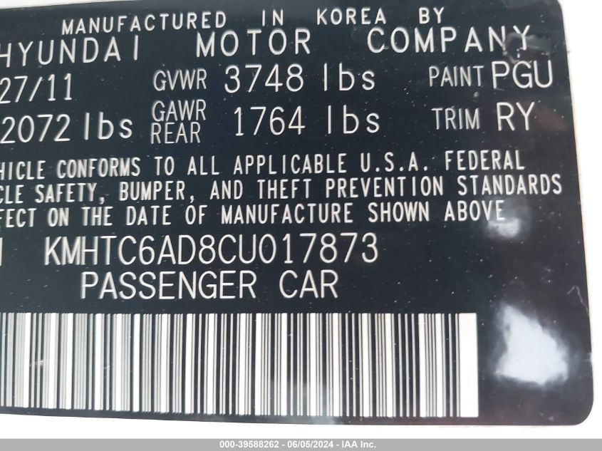 2012 Hyundai Veloster Base W/Gray VIN: KMHTC6AD8CU017873 Lot: 39588262
