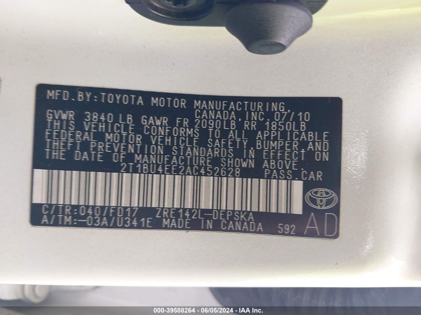 2010 Toyota Corolla S VIN: 2T1BU4EE2AC452628 Lot: 39588264