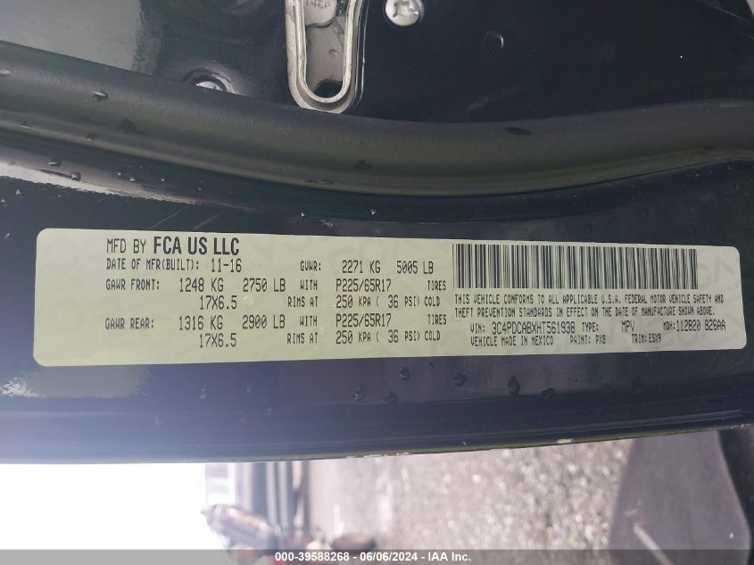 2017 Dodge Journey Se VIN: 3C4PDCABXHT561938 Lot: 39588268