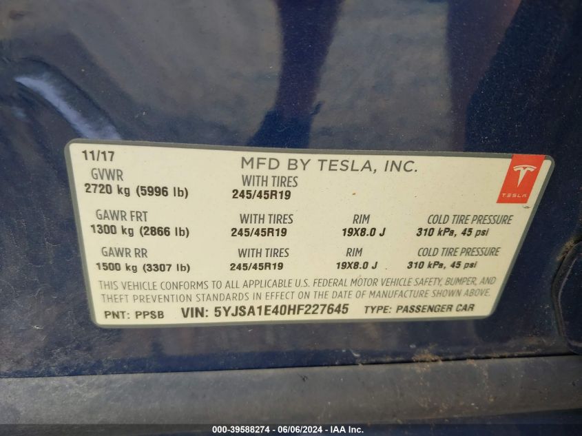 2017 Tesla Model S 100D/60D/75D/90D/P100D VIN: 5YJSA1E40HF227645 Lot: 39588274