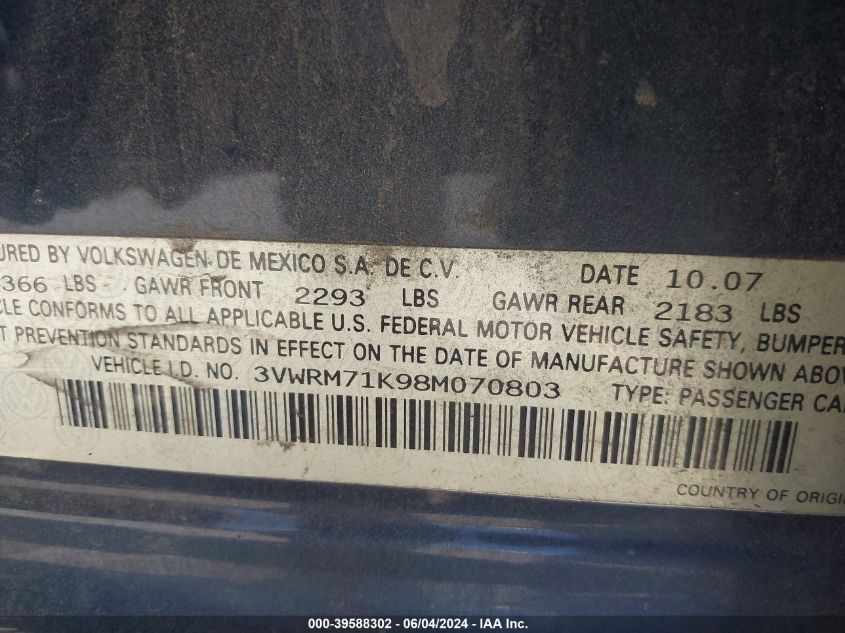 2008 Volkswagen Jetta Se/Sel VIN: 3VWRM71K98M070803 Lot: 39588302