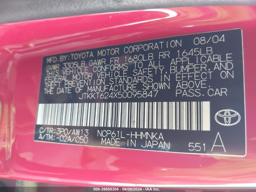 2005 Scion Xa VIN: JTKKT624X50095847 Lot: 39588304