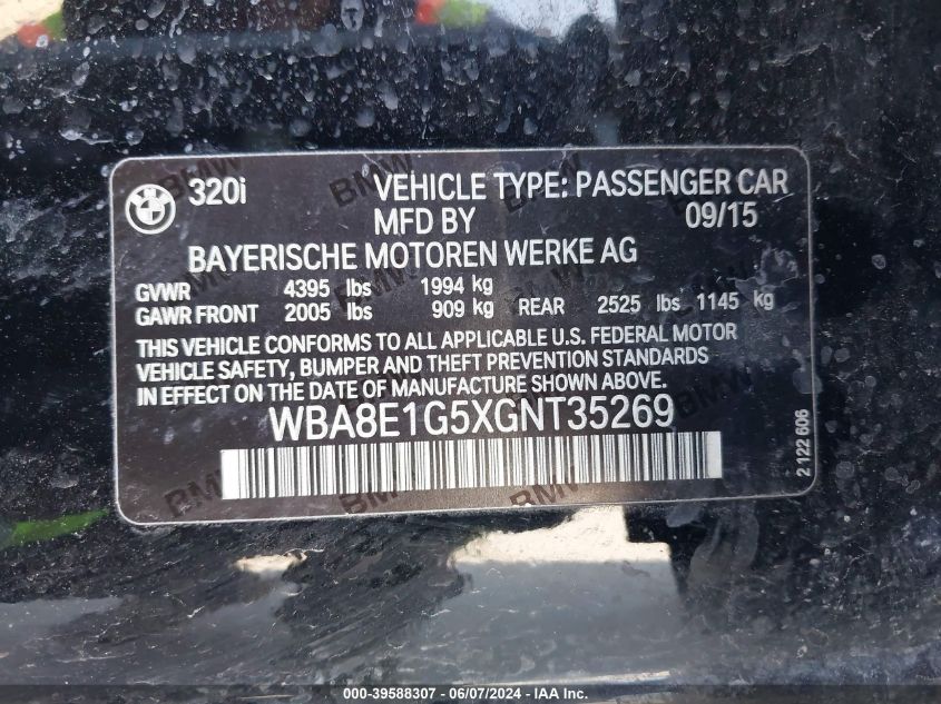 2016 BMW 320I VIN: WBA8E1G5XGNT35269 Lot: 39588307