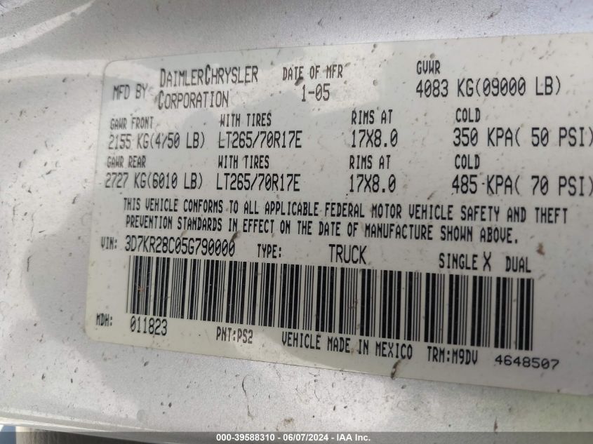 2005 Dodge Ram 2500 Slt/Laramie VIN: 3D7KR28C05G790000 Lot: 39588310
