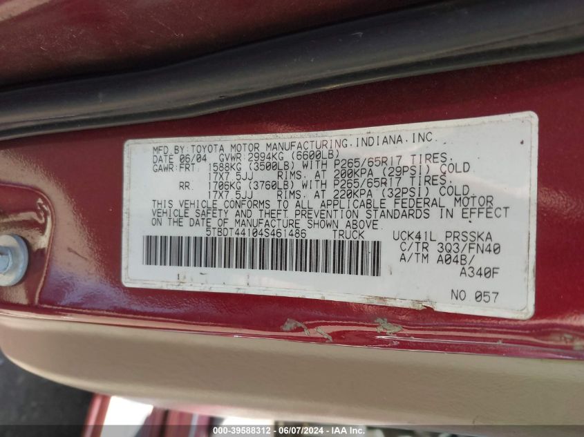 2004 Toyota Tundra Sr5 V8 VIN: 5TBDT44104S461486 Lot: 39588312