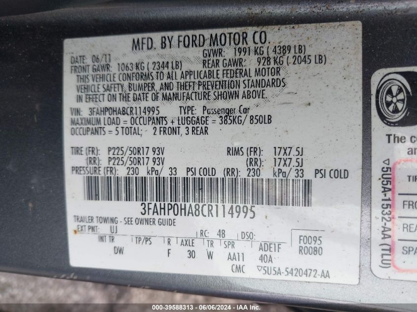 2012 Ford Fusion Se VIN: 3FAHP0HA8CR114995 Lot: 39588313