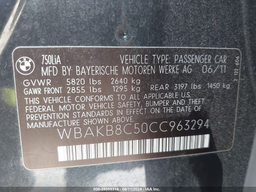 2012 BMW 750Li VIN: WBAKB8C50CC963294 Lot: 39588314