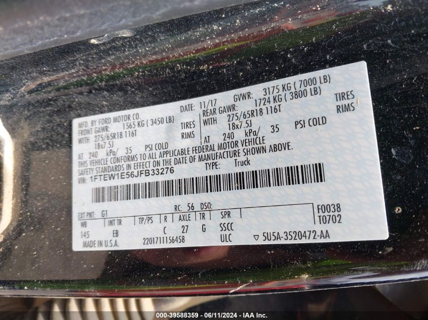 2018 Ford F-150 Lariat VIN: 1FTEW1E56JFB33276 Lot: 39588359