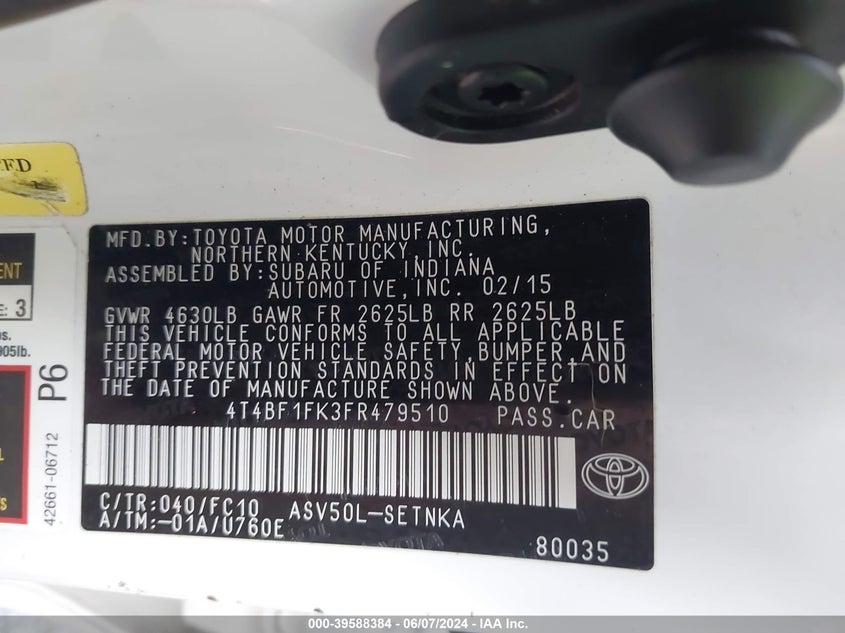 2015 Toyota Camry Le VIN: 4T4BF1FK3FR479510 Lot: 39588384