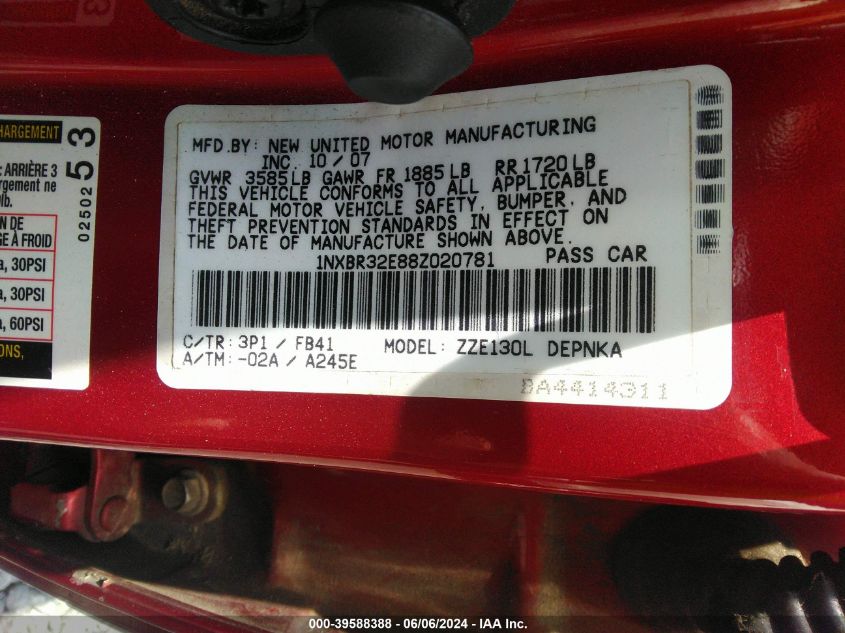 2008 Toyota Corolla Le VIN: 1NXBR32E88Z020781 Lot: 39588388