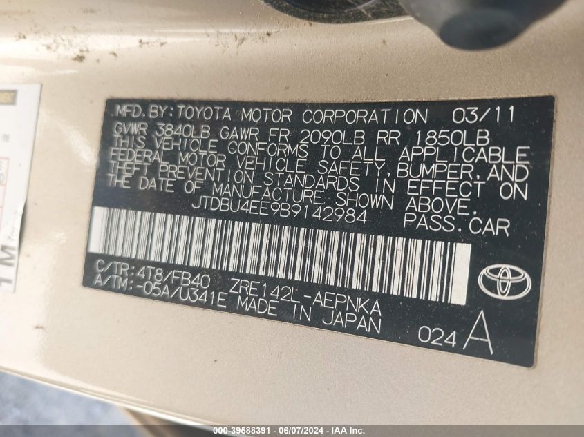 2011 Toyota Corolla Le VIN: JTDBU4EE9B9142984 Lot: 39588391