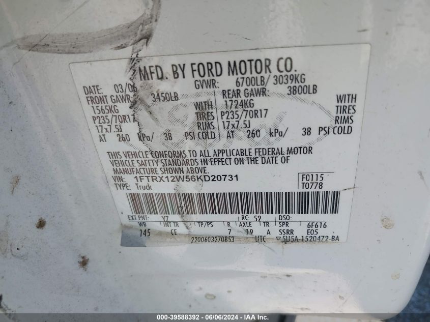 2006 Ford F-150 Stx/Xl/Xlt VIN: 1FTRX12W56KD20731 Lot: 39588392