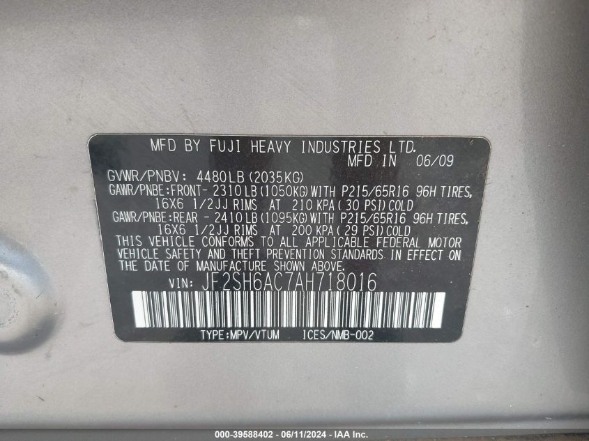 2010 Subaru Forester 2.5X VIN: JF2SH6AC7AH718016 Lot: 39588402