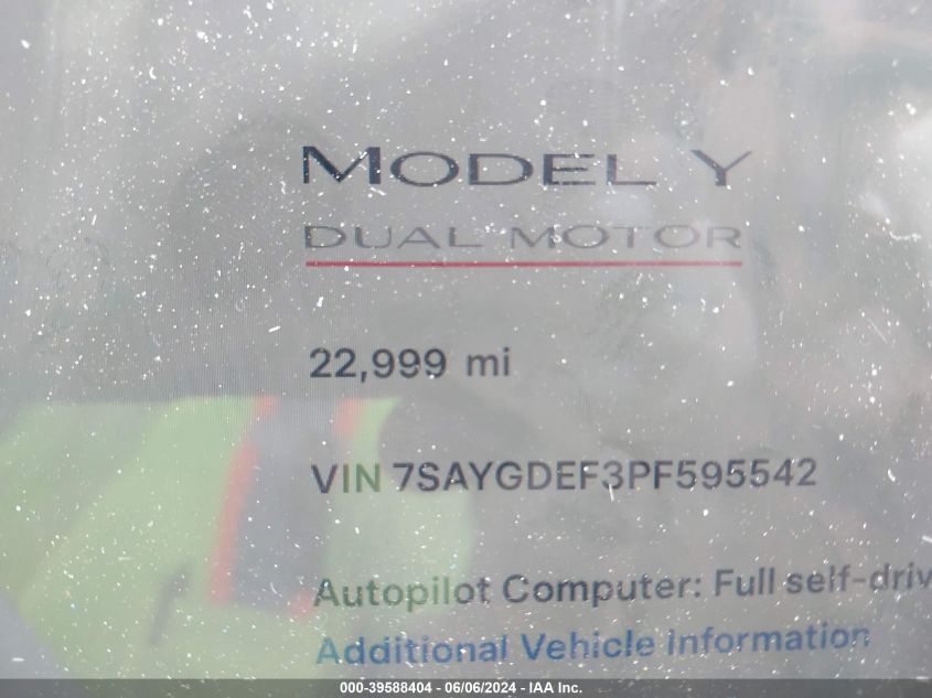 2023 Tesla Model Y Awd/Performance Dual Motor All-Wheel Drive VIN: 7SAYGDEF3PF595542 Lot: 39588404