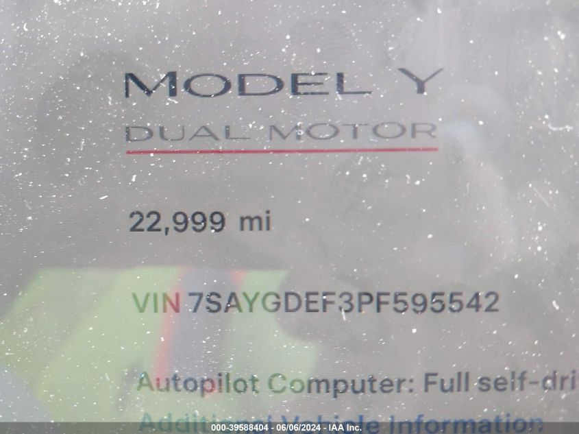 2023 Tesla Model Y Awd/Performance Dual Motor All-Wheel Drive VIN: 7SAYGDEF3PF595542 Lot: 39588404