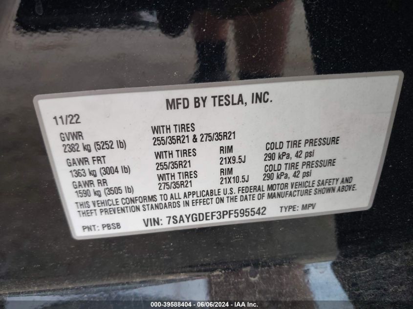 2023 Tesla Model Y Awd/Performance Dual Motor All-Wheel Drive VIN: 7SAYGDEF3PF595542 Lot: 39588404