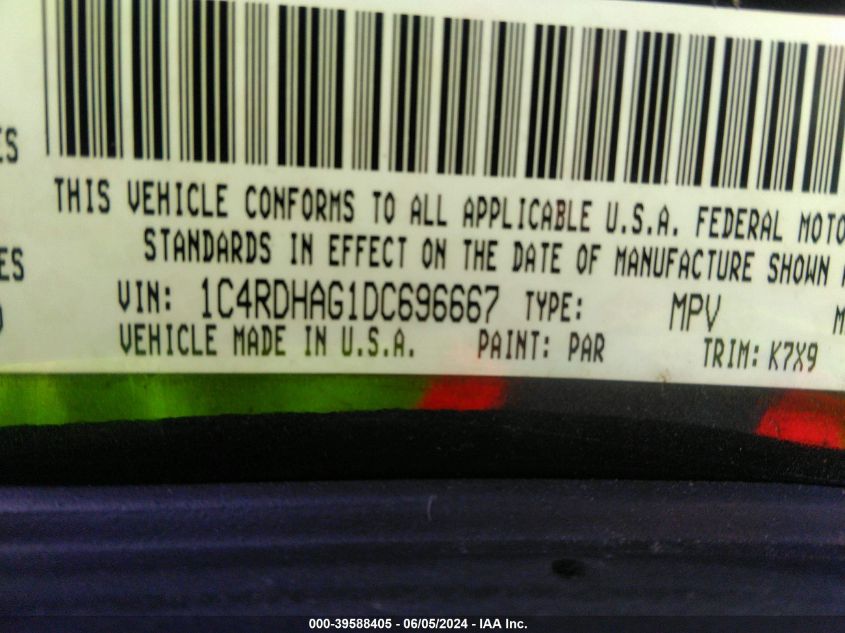 2013 Dodge Durango Sxt VIN: 1C4RDHAG1DC696667 Lot: 39588405