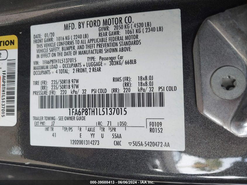2020 Ford Mustang Ecoboost Premium Fastback VIN: 1FA6P8TH1L5137015 Lot: 39588413