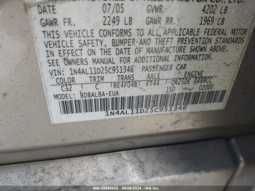 2005 Nissan Altima 2.5 S VIN: 1N4AL11D25C951346 Lot: 39588425