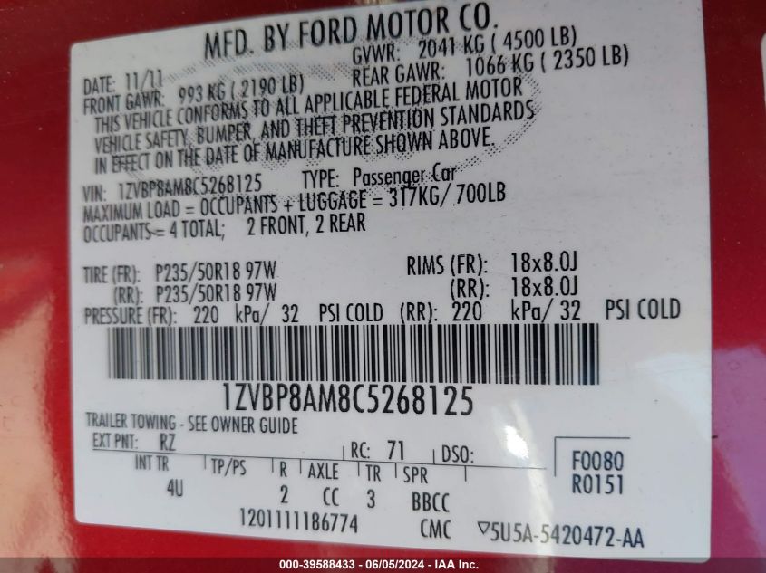 2012 Ford Mustang V6 Premium VIN: 1ZVBP8AM8C5268125 Lot: 39588433
