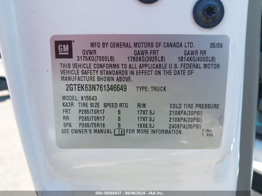 2006 GMC Sierra 1500 Denali VIN: 2GTEK63N761346649 Lot: 39588437