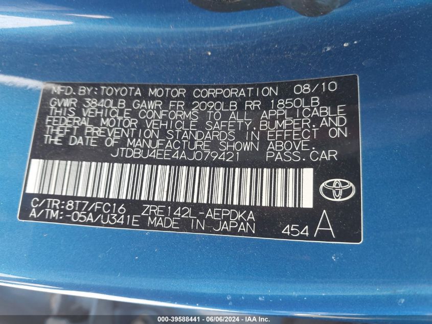 2010 Toyota Corolla Le VIN: JTDBU4EE4AJ079421 Lot: 39588441