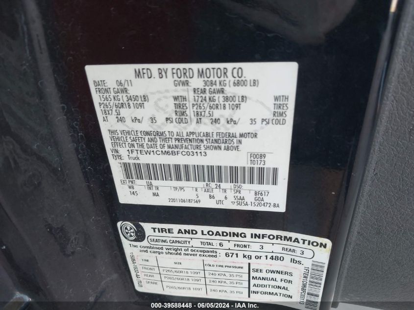 2011 Ford F-150 Xlt VIN: 1FTEW1CM6BFC03113 Lot: 39588448