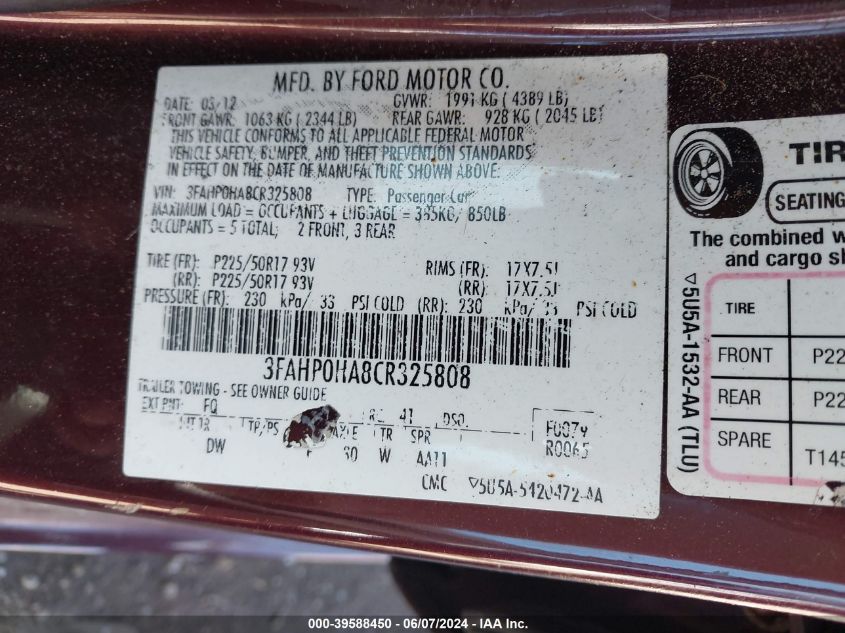 2012 Ford Fusion Se VIN: 3FAHP0HA8CR325808 Lot: 39588450