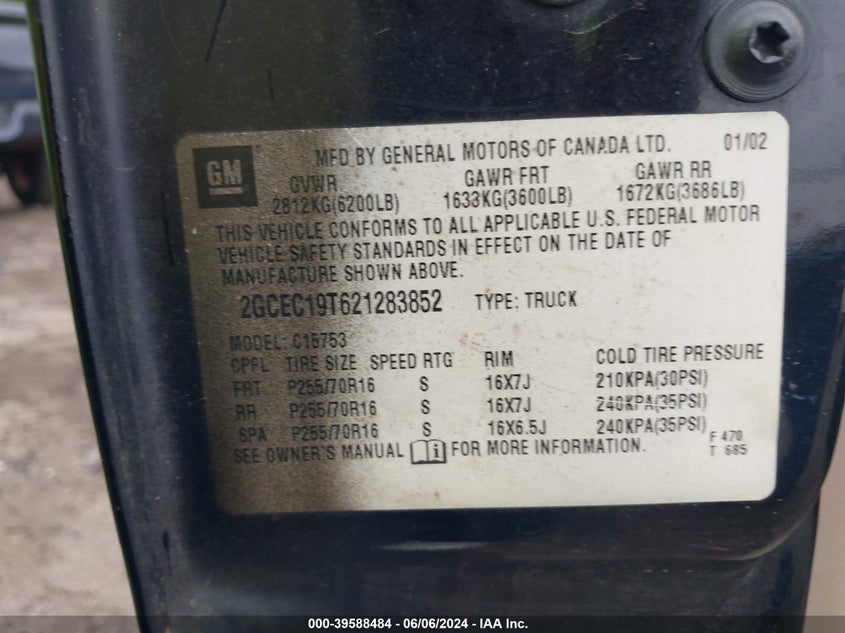 2002 Chevrolet Silverado 1500 Lt VIN: 2GCEC19T621283852 Lot: 39588484