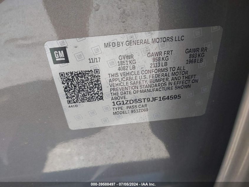 2018 Chevrolet Malibu Lt VIN: 1G1ZD5ST9JF164595 Lot: 39588497