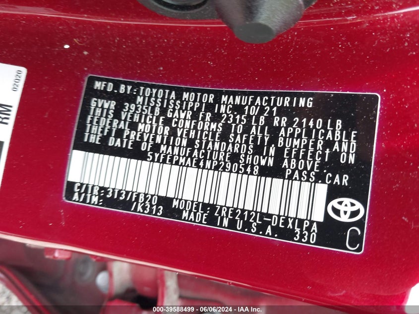 2022 TOYOTA COROLLA 1.8L I-4 DOHC, VVT, (VIN: 5YFEPMAE4NP290548