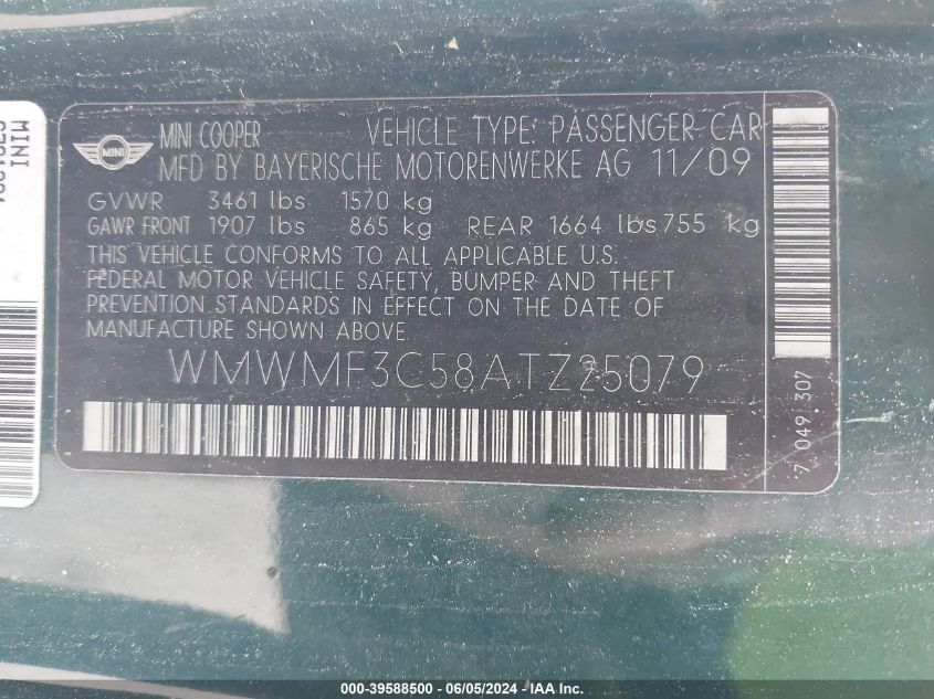 2010 Mini Cooper VIN: WMWMF3C58ATZ25079 Lot: 39588500