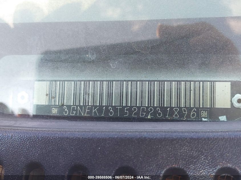 2002 Chevrolet Avalanche 1500 VIN: 3GNEK13T52G231896 Lot: 39588506