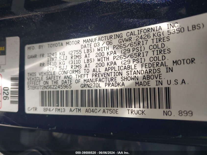 2006 Toyota Tacoma Prerunner V6 VIN: 5TEKU72N56Z245965 Lot: 39588520