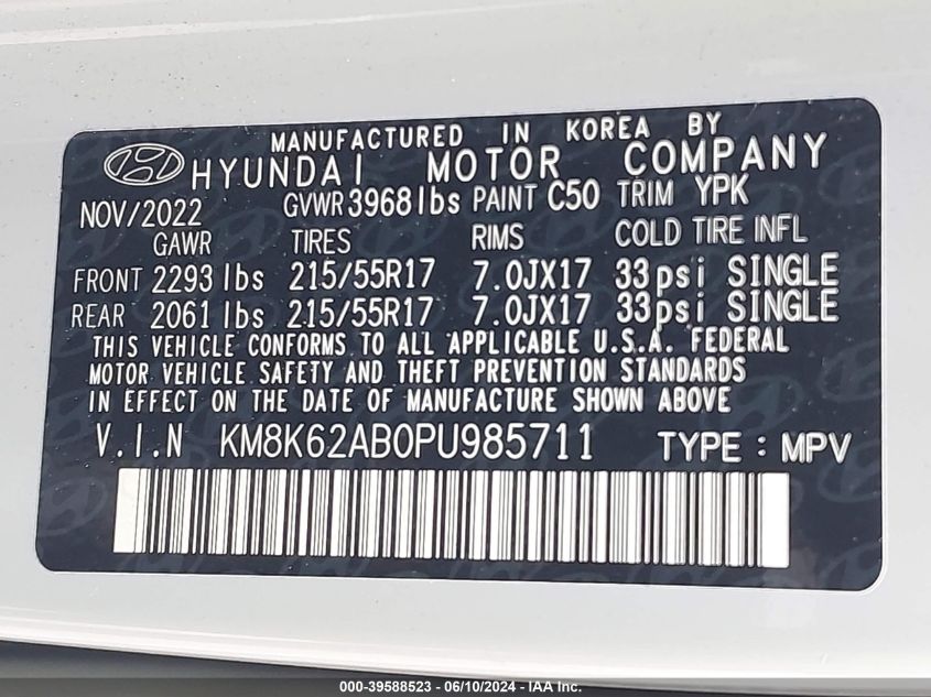 2023 Hyundai Kona Sel VIN: KM8K62AB0PU985711 Lot: 39588523