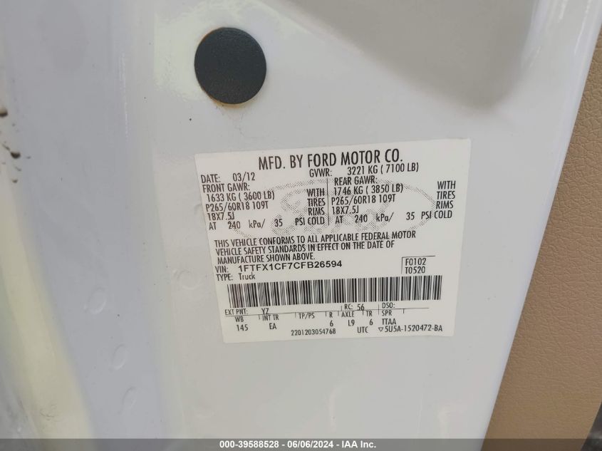 2012 Ford F-150 Lariat VIN: 1FTFX1CF7CFB26594 Lot: 39588528