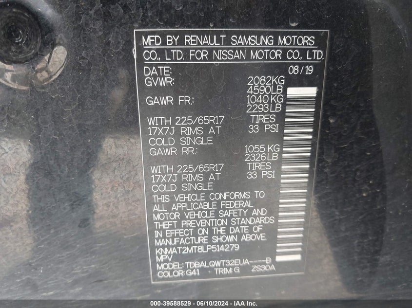 VIN KNMAT2MT8LP514279 2020 NISSAN ROGUE SV FWD