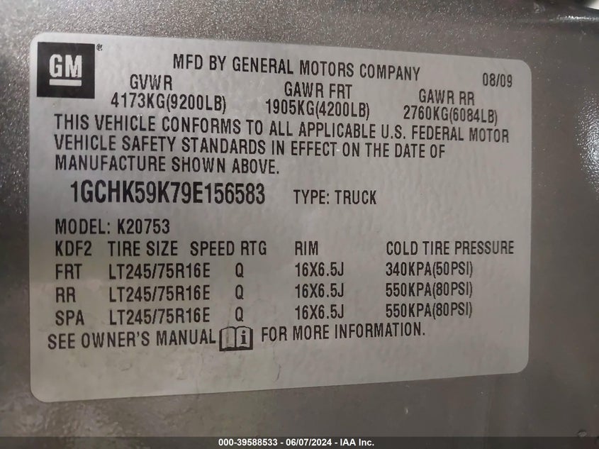2009 Chevrolet Silverado 2500Hd Lt VIN: 1GCHK59K79E156583 Lot: 39588533