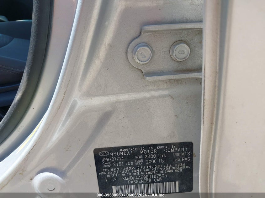 2014 Hyundai Elantra Se VIN: KMHDH4AE9EU187505 Lot: 39588550