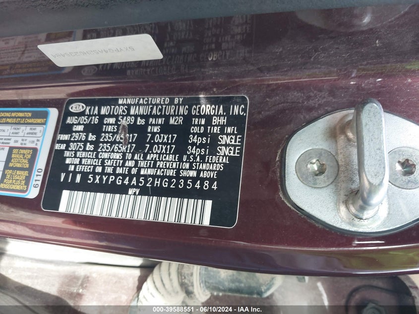 2017 Kia Sorento 3.3L Lx VIN: 5XYPG4A52HG235484 Lot: 39588551