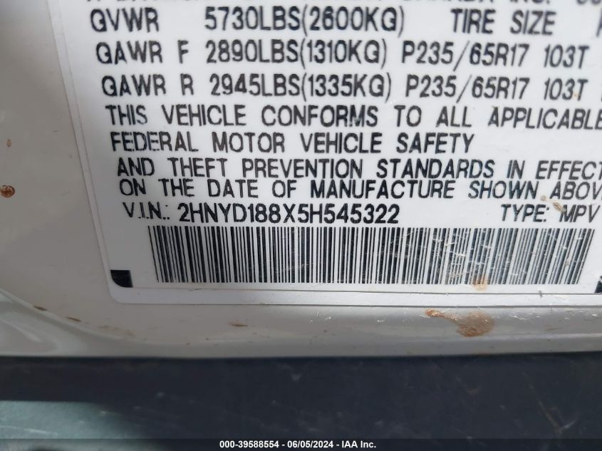 2005 Acura Mdx VIN: 2HNYD188X5H545322 Lot: 39588554
